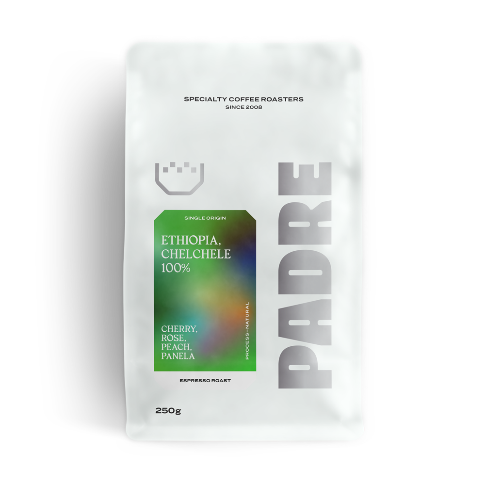 A 250g bag of Padre Specialty Coffee Roasters Ethiopia Chelchele espresso roast coffee, featuring a white stand-up pouch with a green and multicolor label.